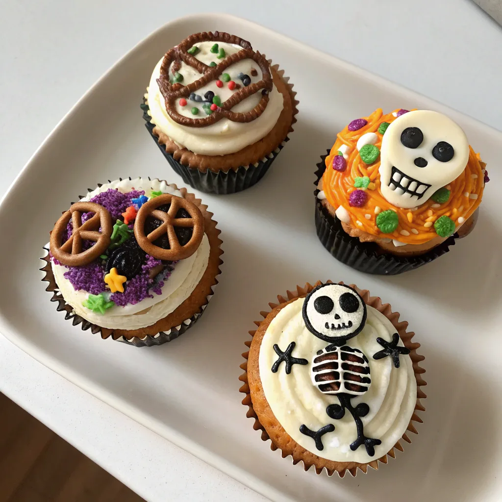 Decorated skeleton cupcakes flat lay