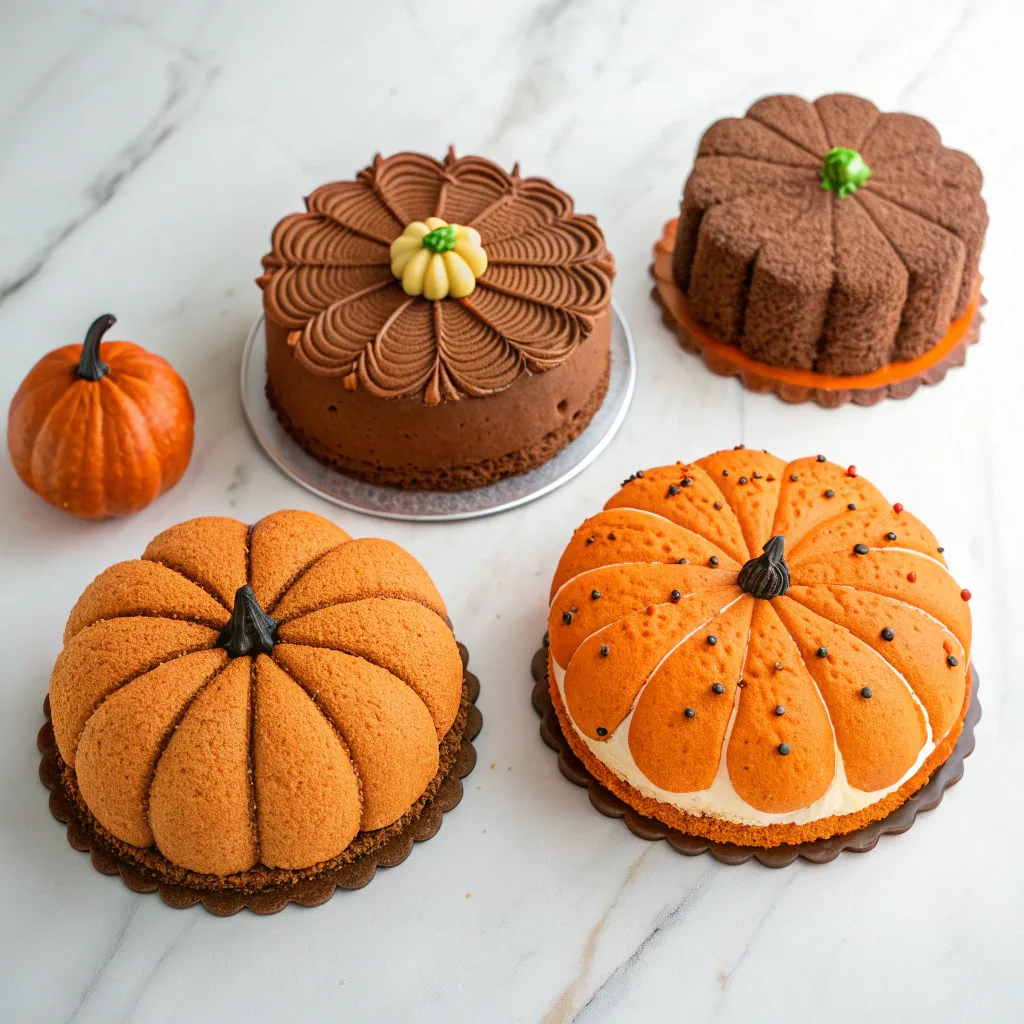 prompt flat lay of four halloween pumpkin cake id