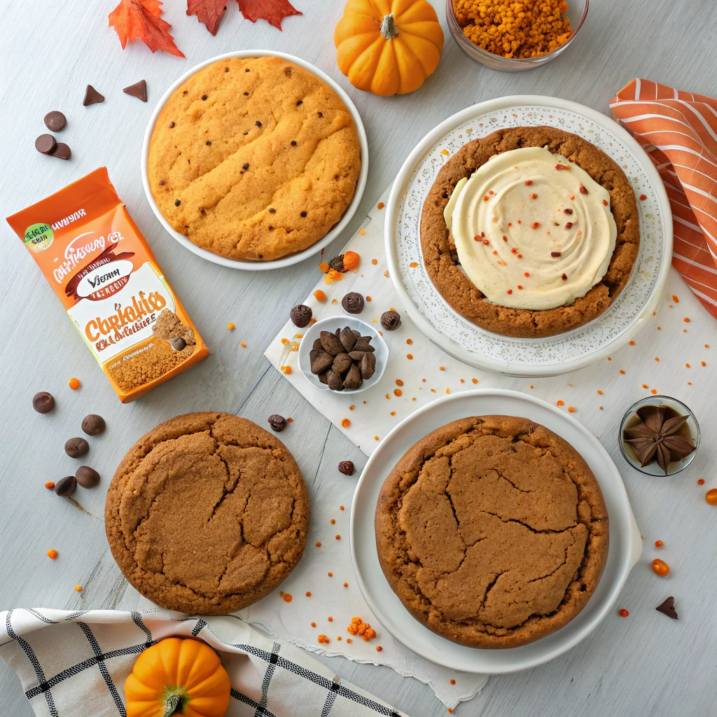 Four variations of Halloween pumpkin cookie cake