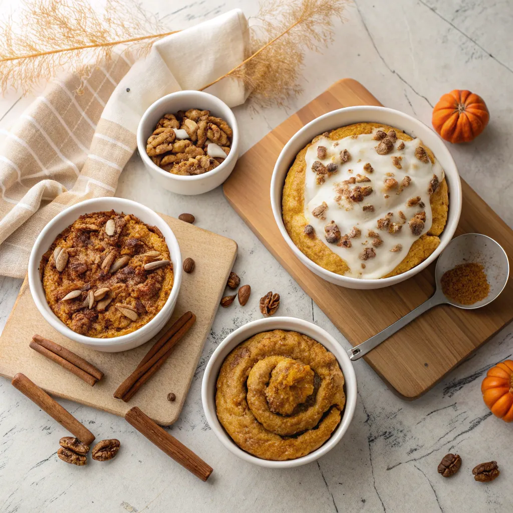 Four variations of pumpkin cinnamon roll dump cake