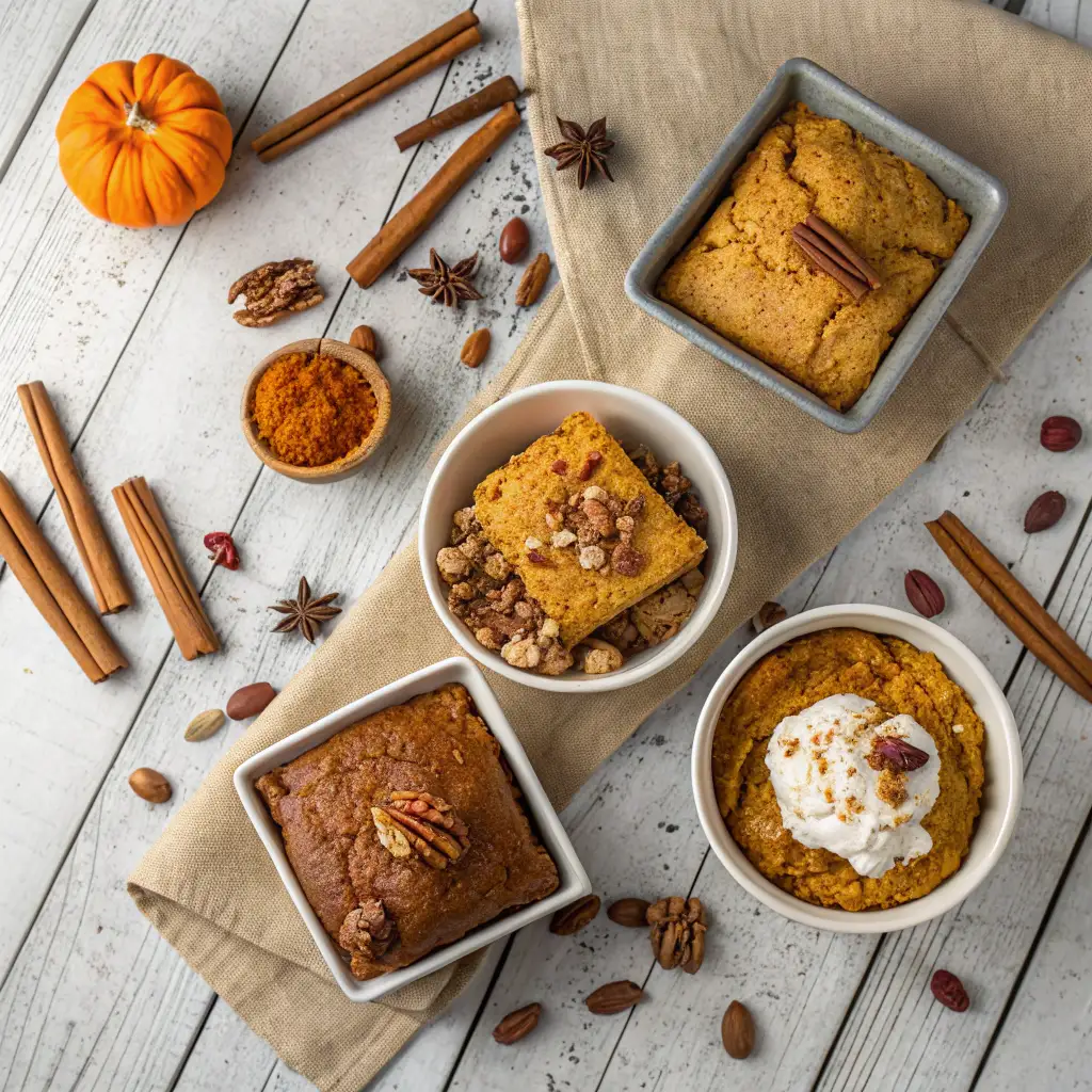 Four pumpkin dump cake variations flat lay