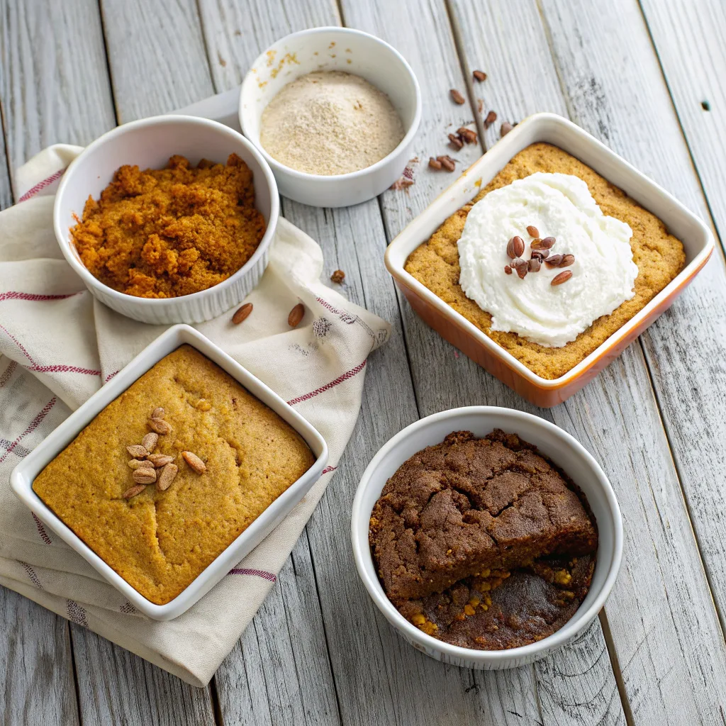 Four pumpkin dump cake variations flat lay