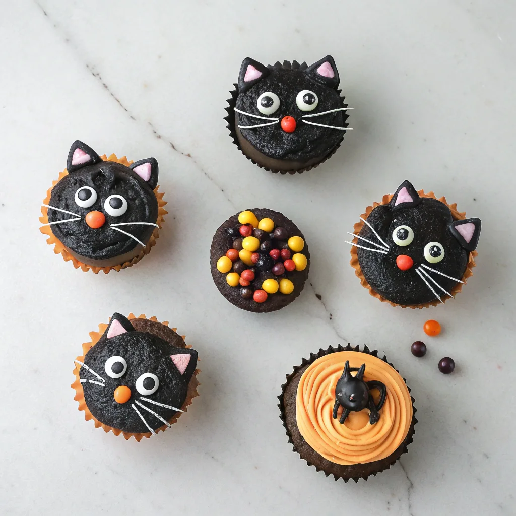 Mini Halloween black cat cakes and cupcakes