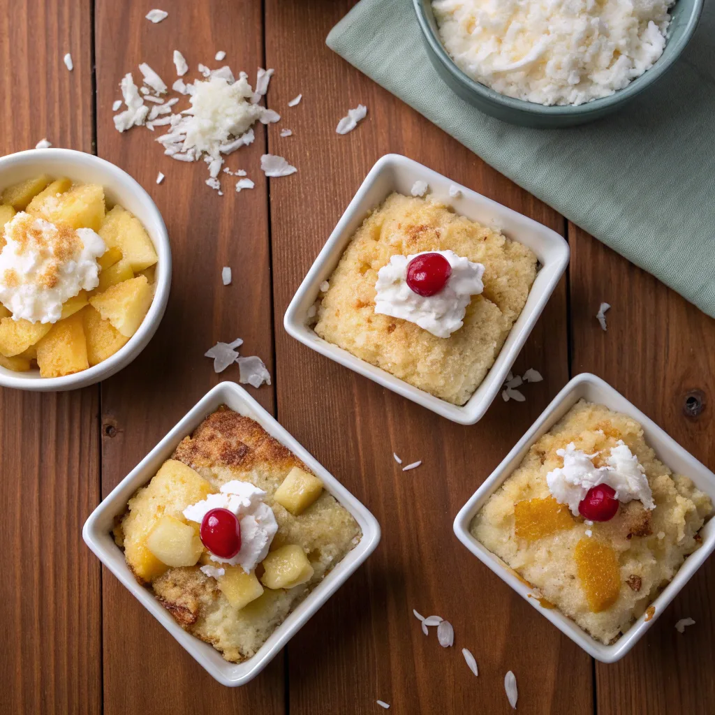 Four versions of coconut pineapple dump cake