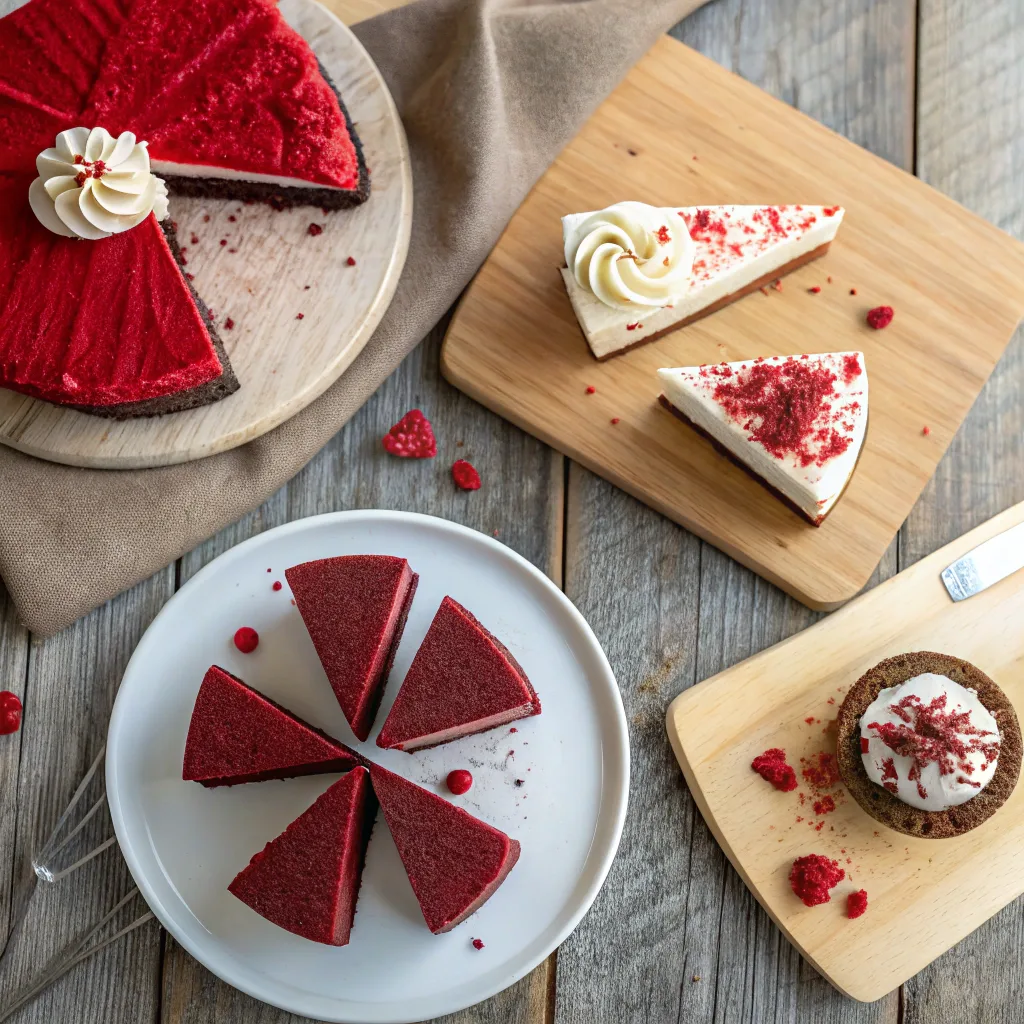 Four red velvet cheesecake variations