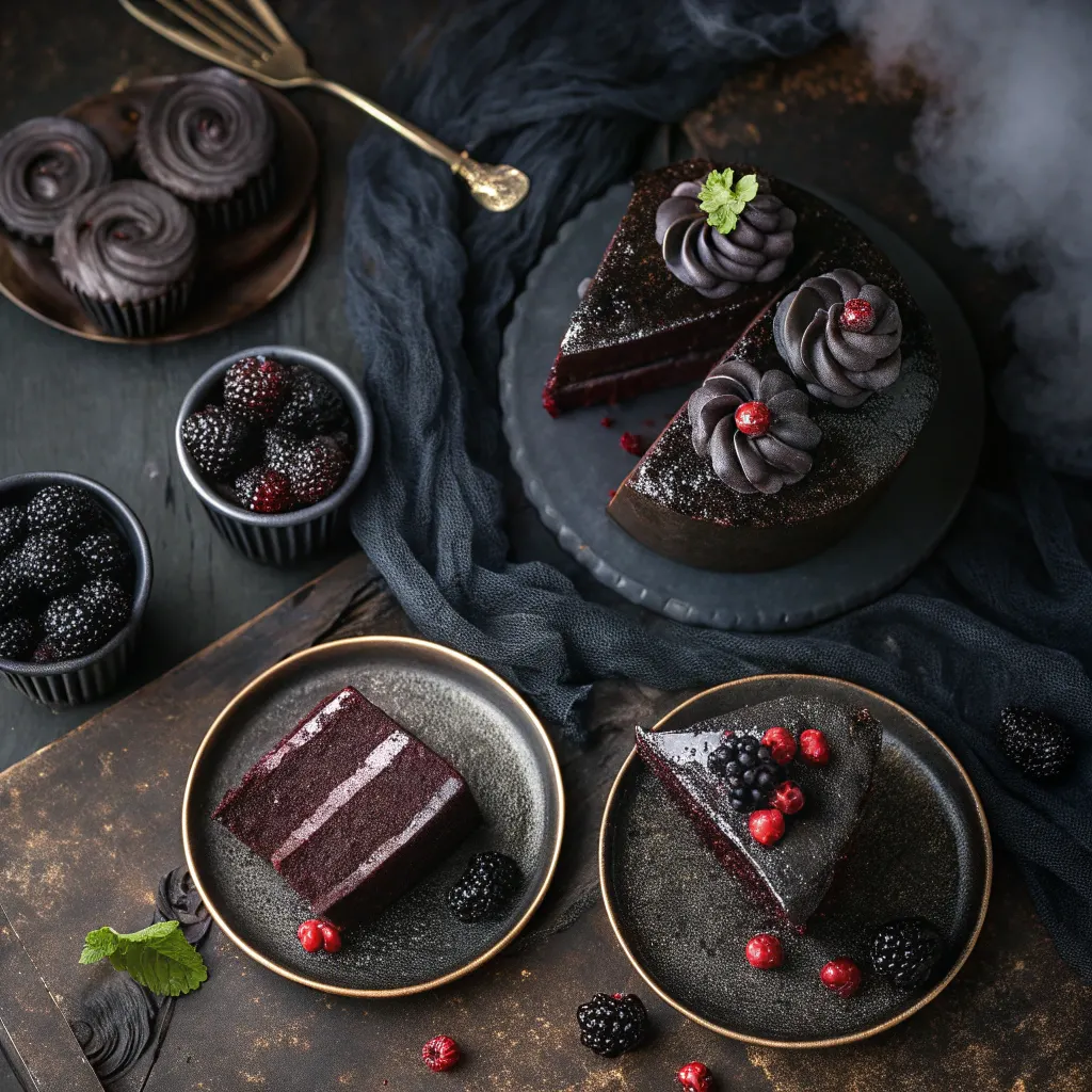 Variations of blackberry velvet gothic cake