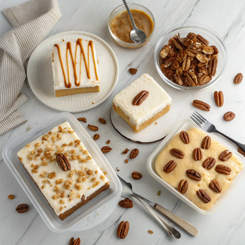 Four variations of Butter Pecan Praline Poke Cake