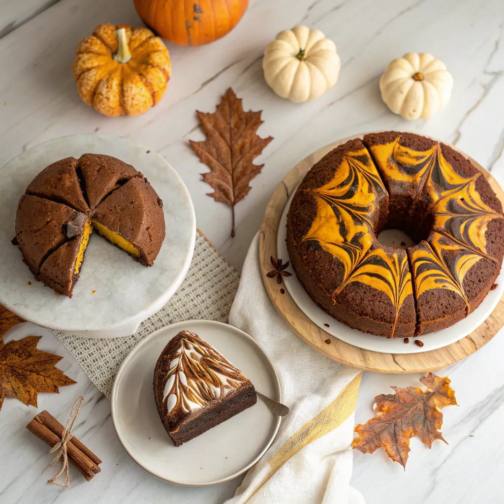 Three variations of Graveyard Marble Pumpkin Cake