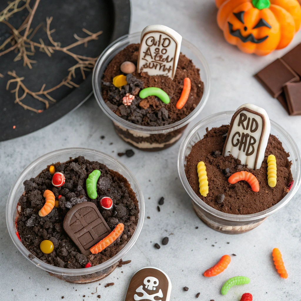 Halloween Dirt Cake in cups, trifle, and pan
