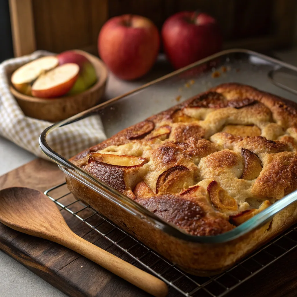 Baking fresh apple cake in a glass pan