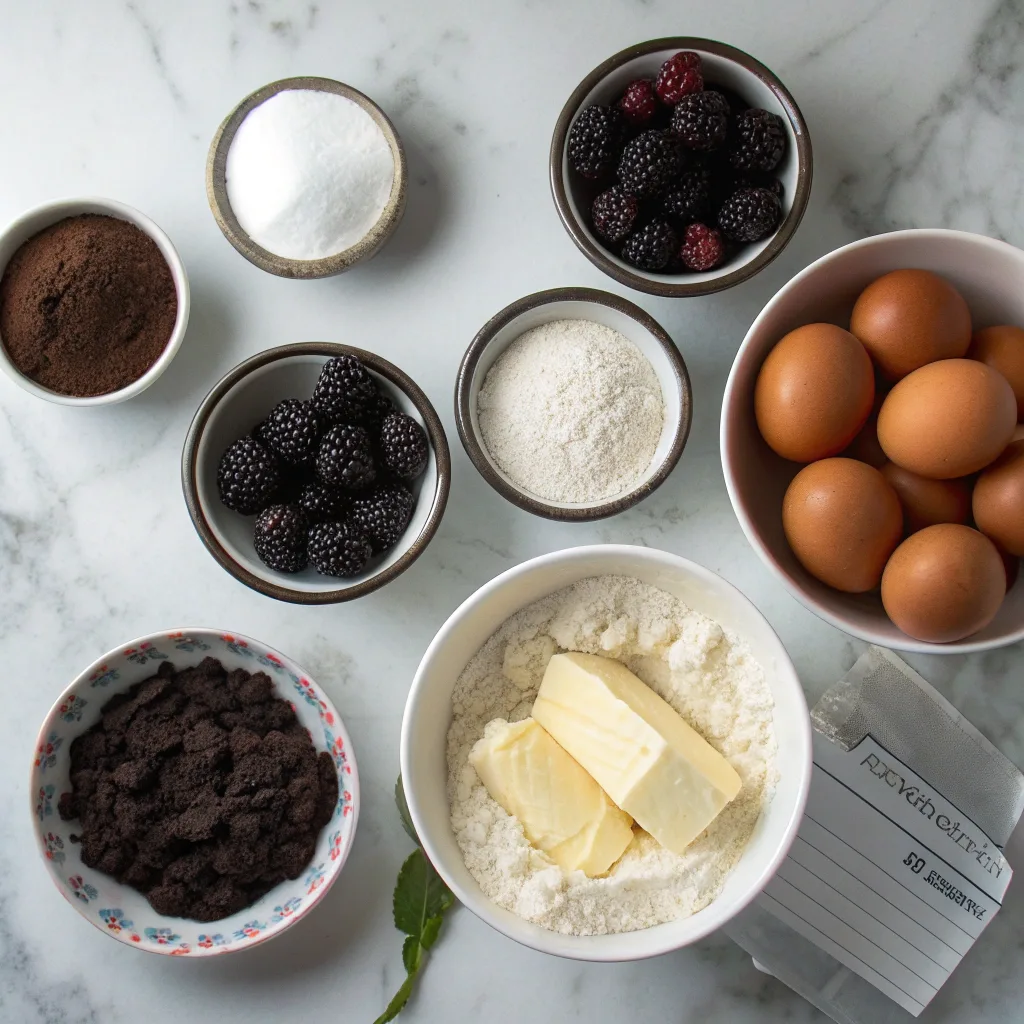 Ingredients for blackberry velvet gothic cake