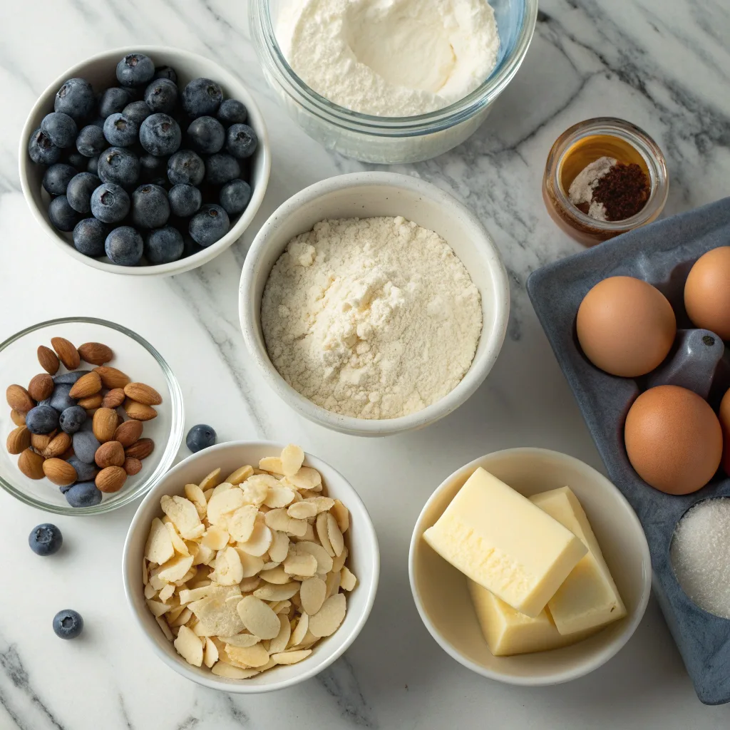 Ingredients for blueberry almond dump cake