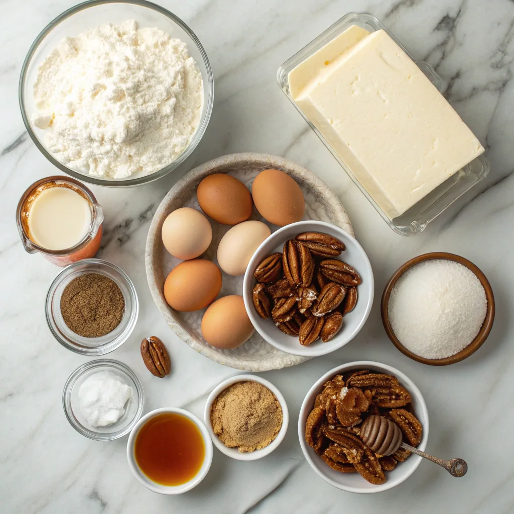 Ingredients for Butter Pecan Praline Poke Cake laid out