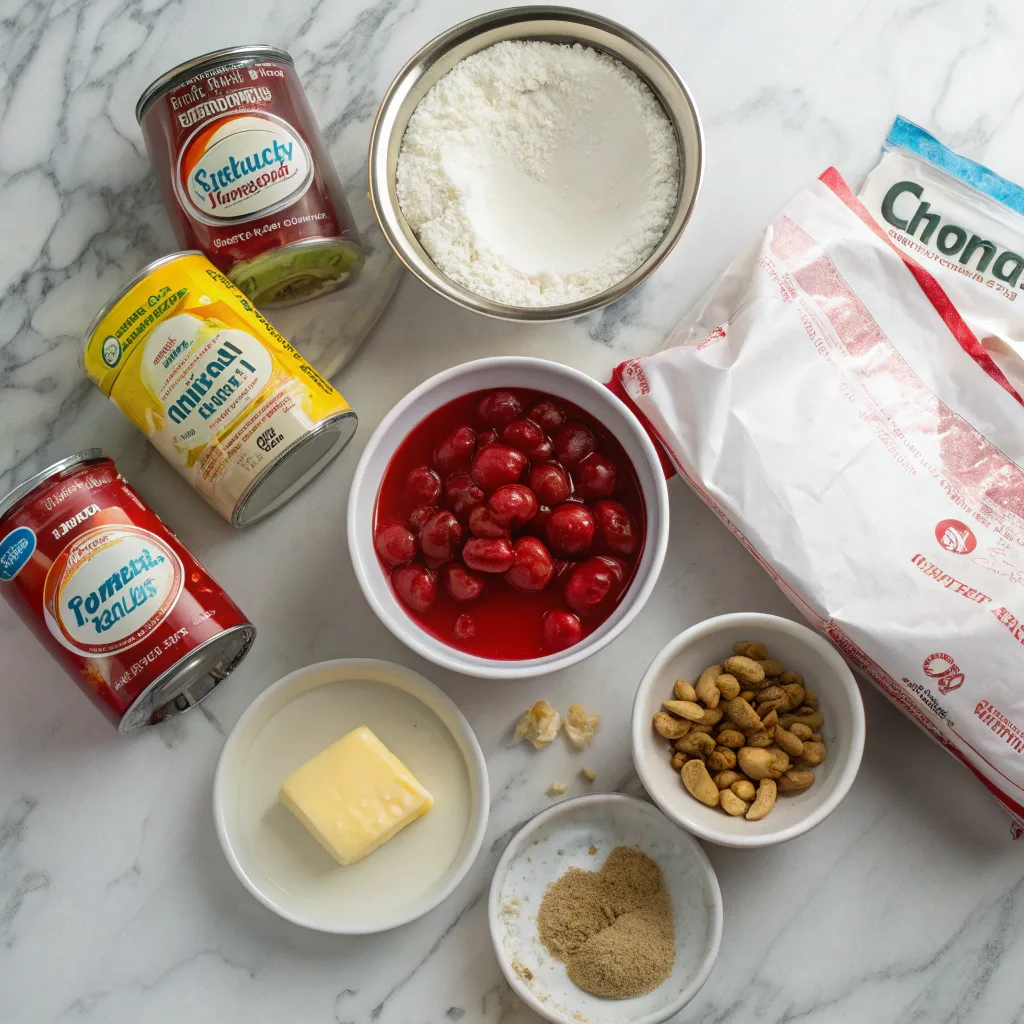 Ingredients for Cherry Yogurt Dump Cake laid out