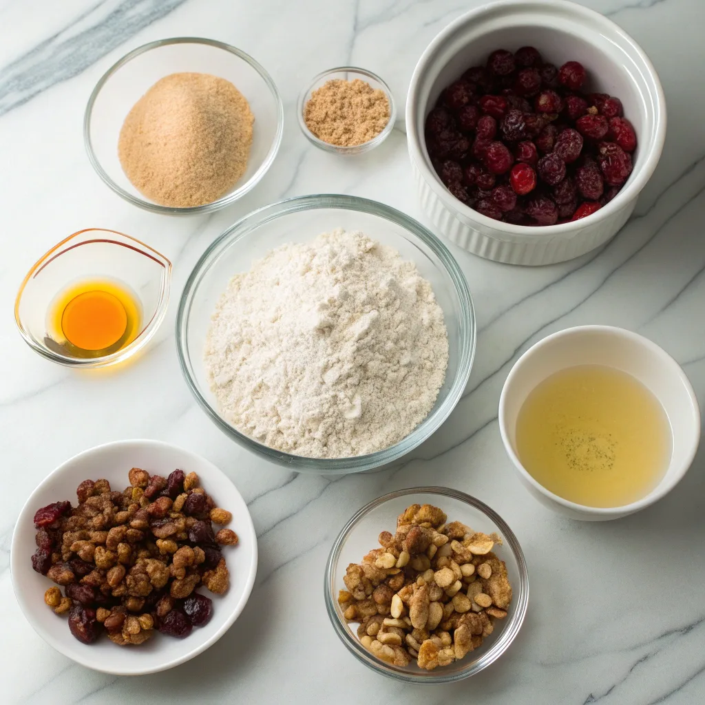 Ingredients for crusty cranberry nut no-knead bread