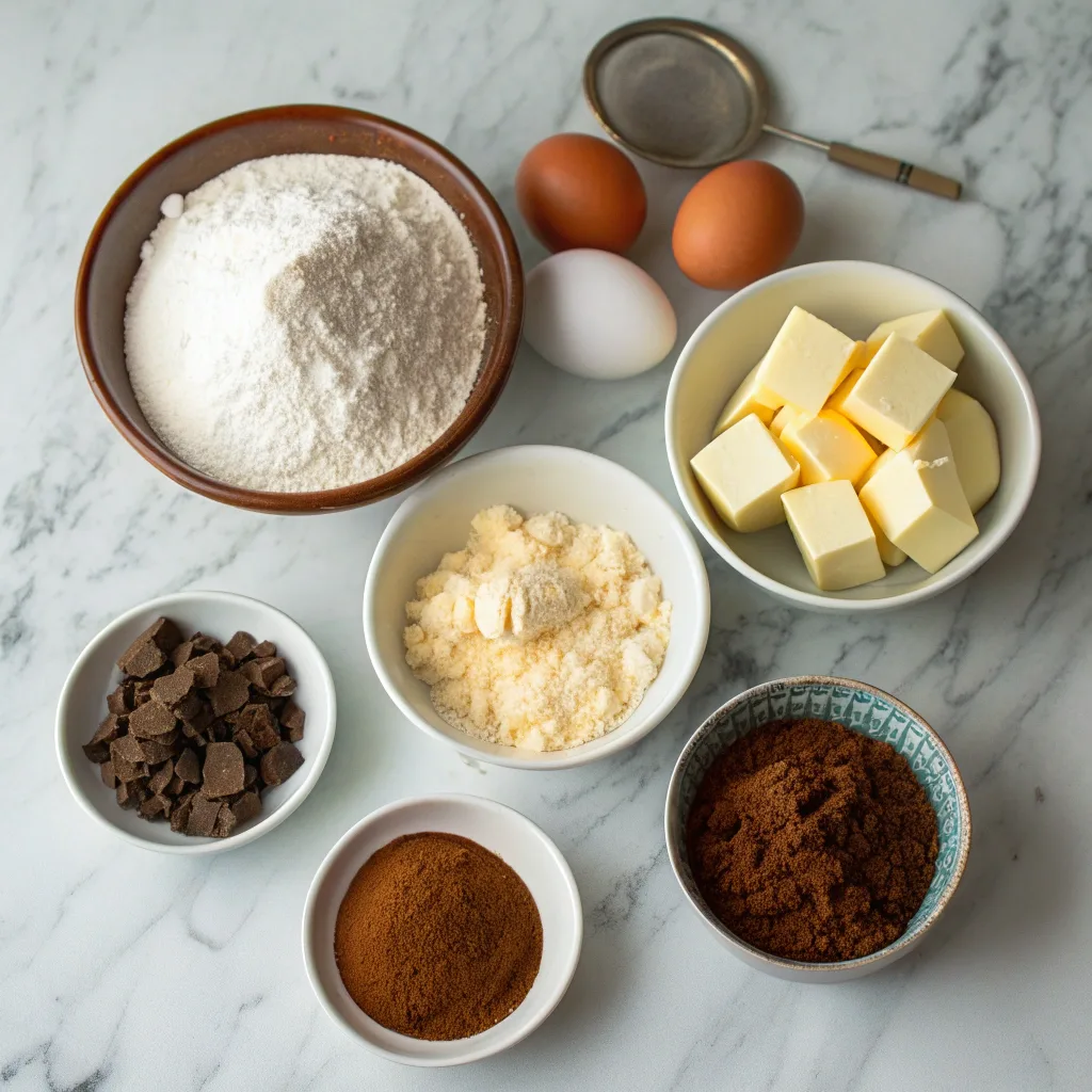 Ingredients for decadent chocolate cake on marble counter