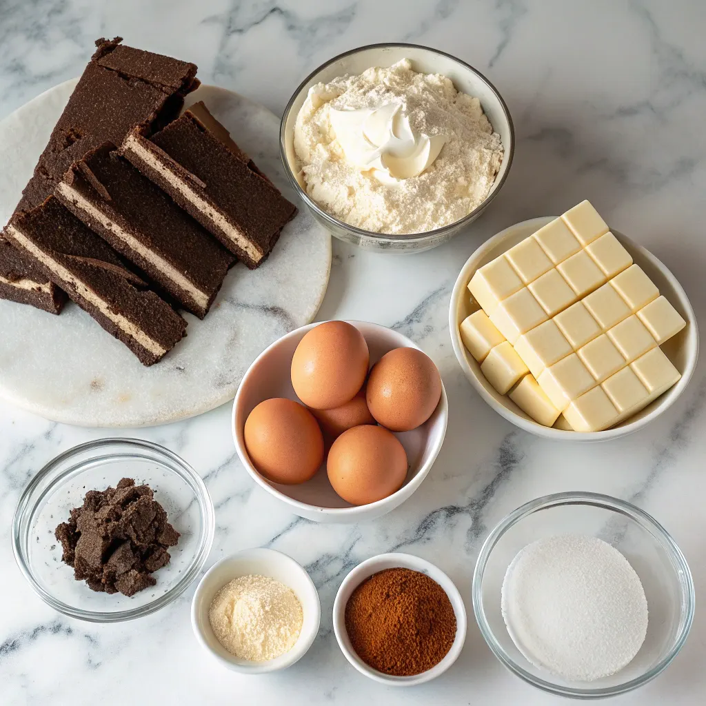 Vampire’s Decadent Tuxedo Cake – Sinfully Dark Chocolate Halloween Cake 9 Ingredients for decadent tuxedo cake on marble countertop