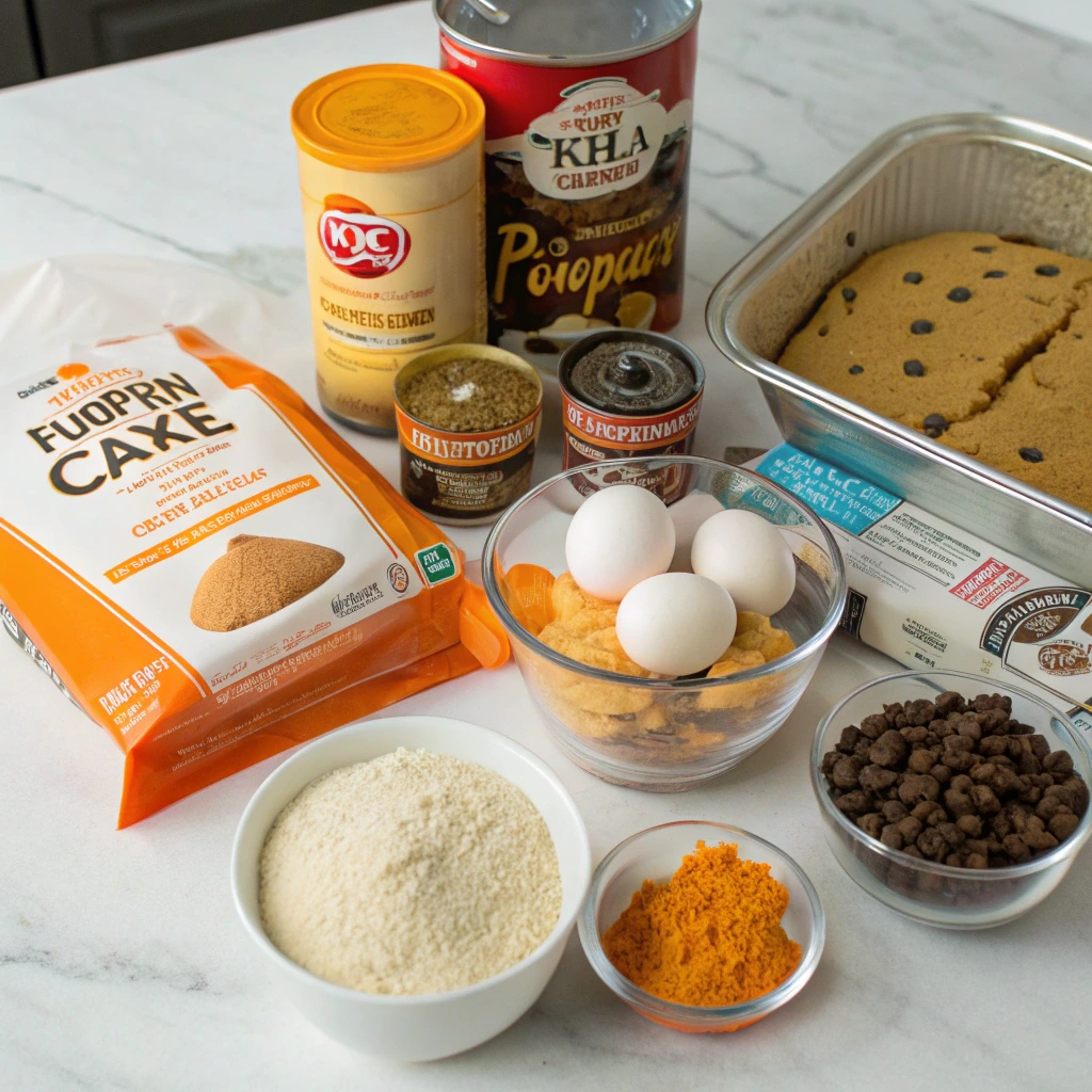 Ingredients for Halloween pumpkin cookie cake on marble counter