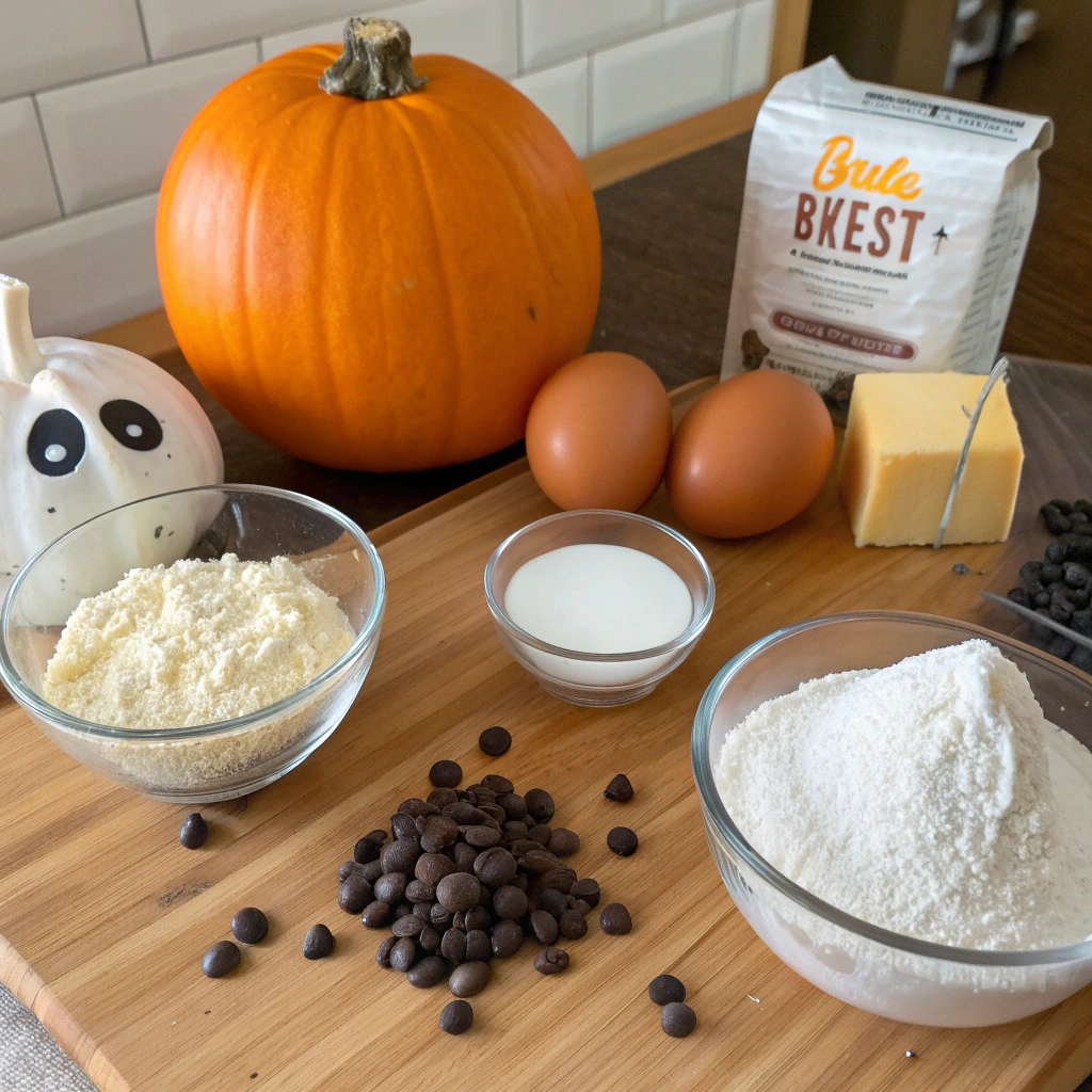 Ingredients for Halloween pumpkin ghost cake