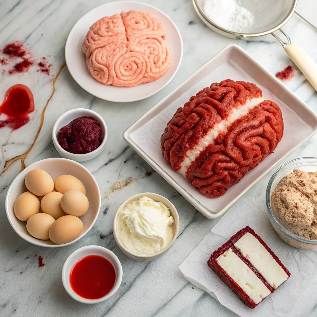 Ingredients for Halloween Red Velvet Brain Cake