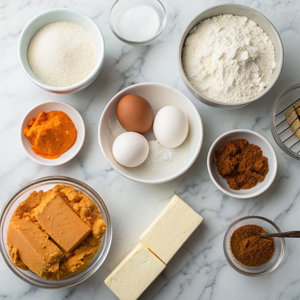 Pumpkin Cheesecake Bars Everyone Will Love 9 Ingredients for pumpkin cheesecake bars on marble counter