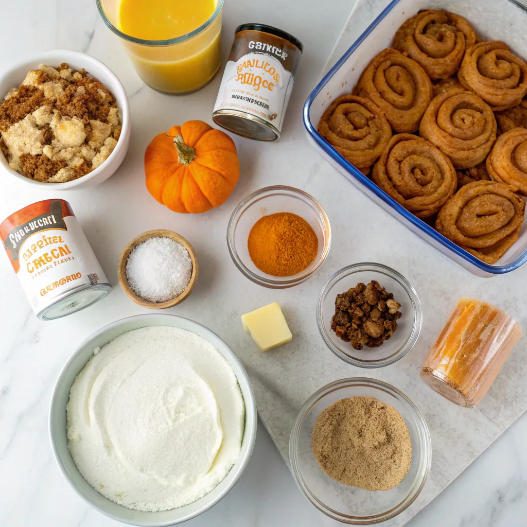 Ingredients for pumpkin cinnamon roll dump cake