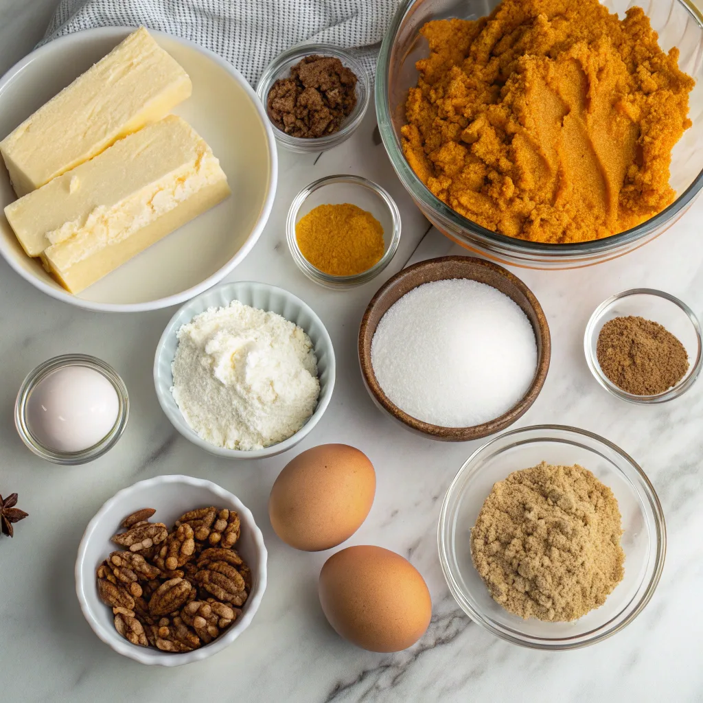Ingredients for pumpkin dump cake laid out on marble counter