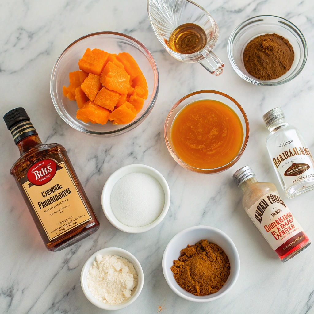 Pumpkin Jello Shots with Fireball: Perfect Halloween and Thanksgiving Party Ideas 9 Ingredients for pumpkin jello shots laid out on counter