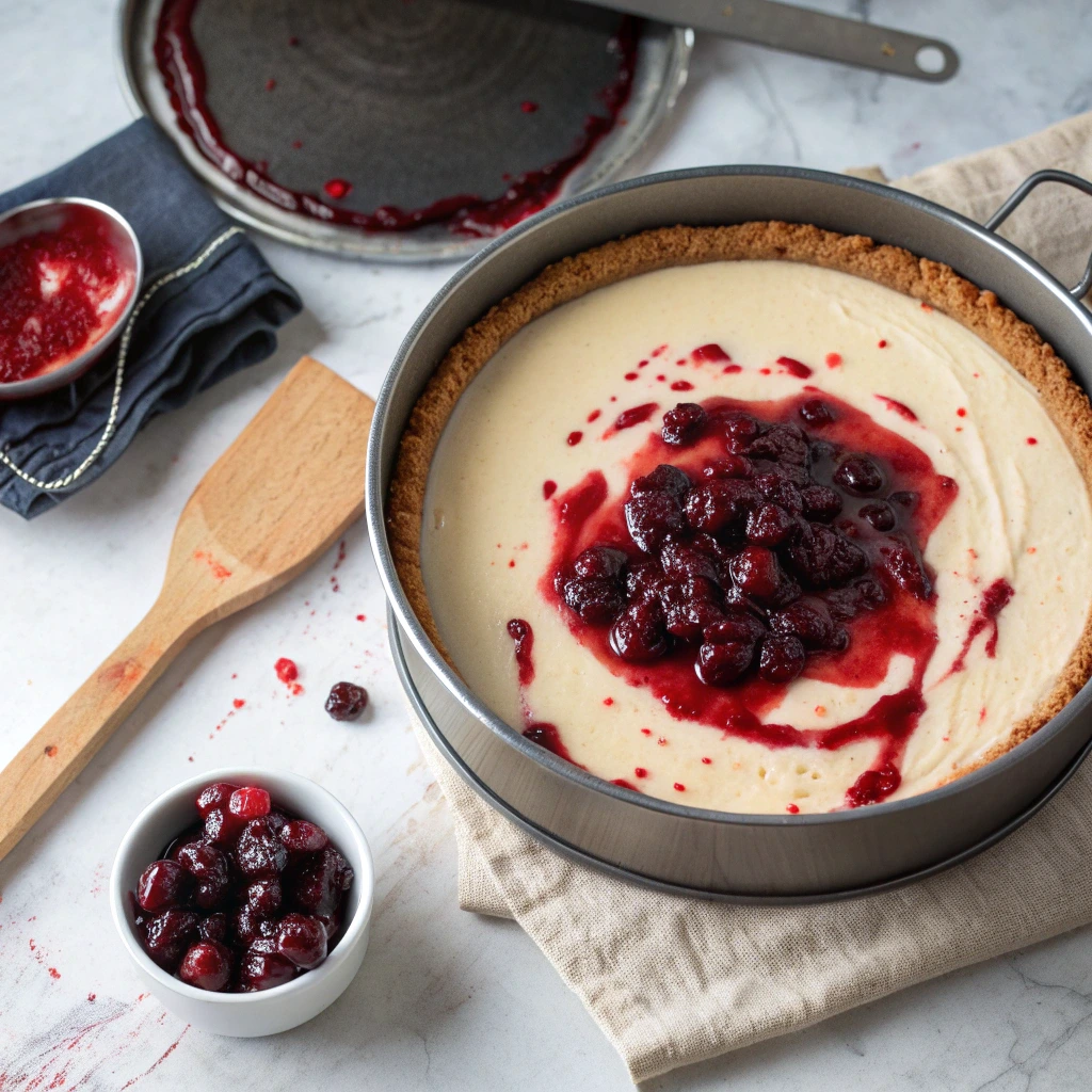 Assembling Halloween Bloody Berry Cheesecake in pan