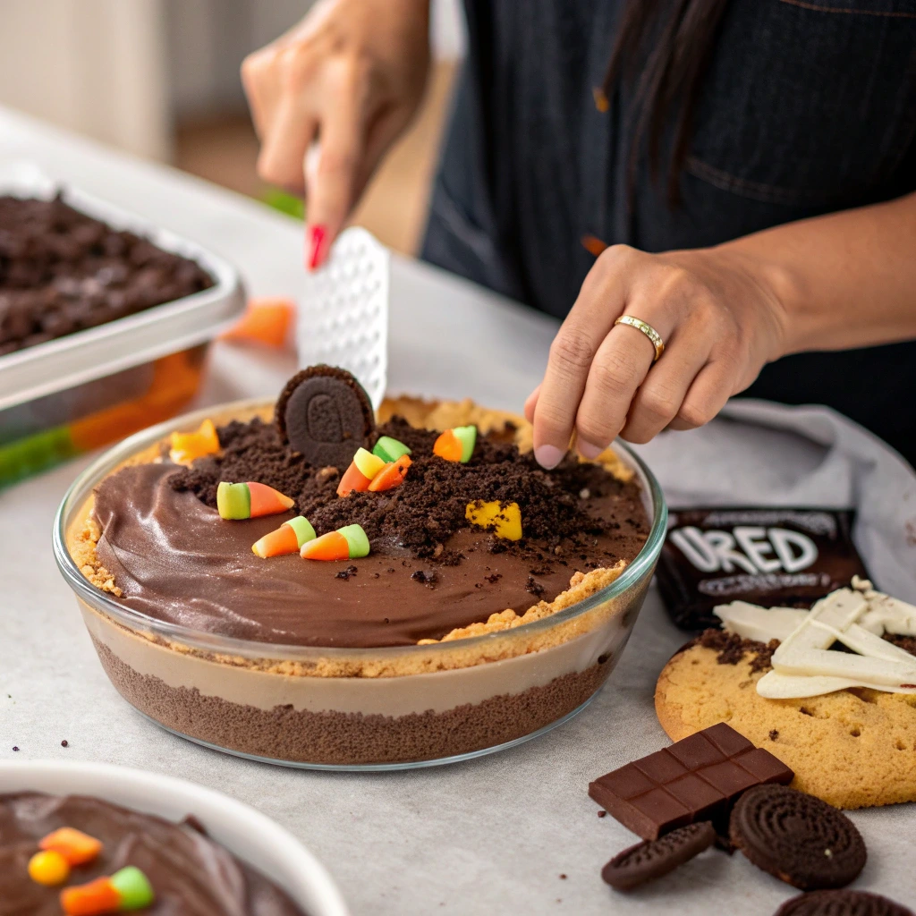 Assembling Halloween Graveyard Dirt Cake