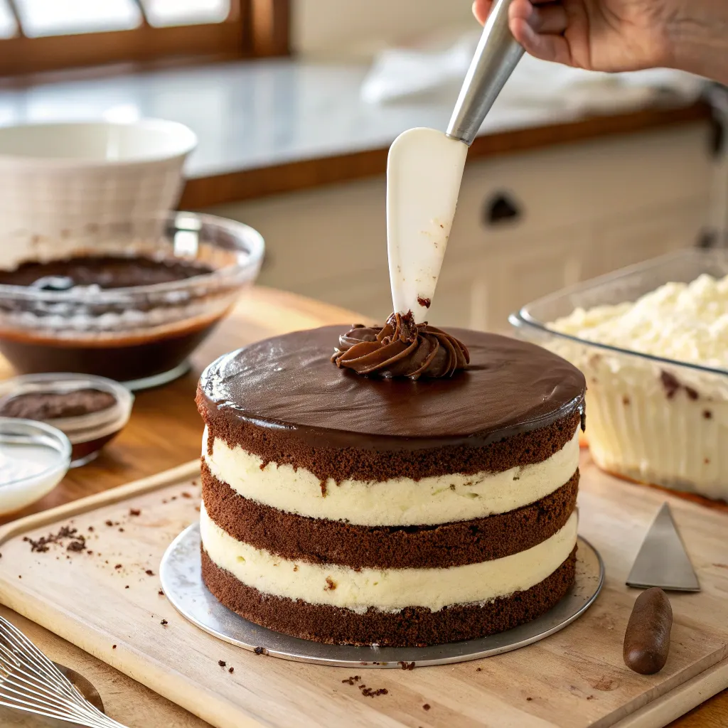 Vampire’s Decadent Tuxedo Cake – Sinfully Dark Chocolate Halloween Cake 10 Frosting decadent tuxedo cake layers with ganache