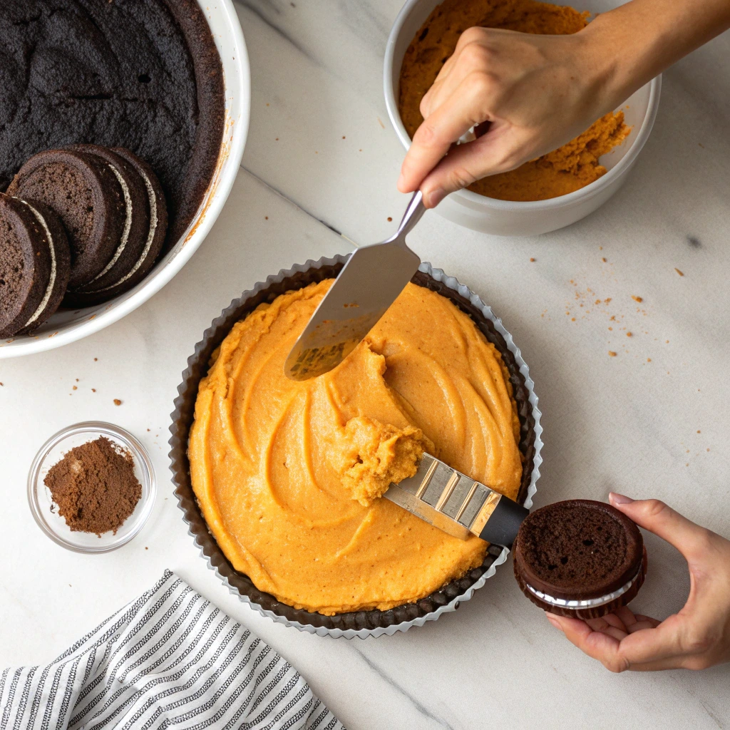 Assembling Halloween Pumpkin Oreo Cake layers