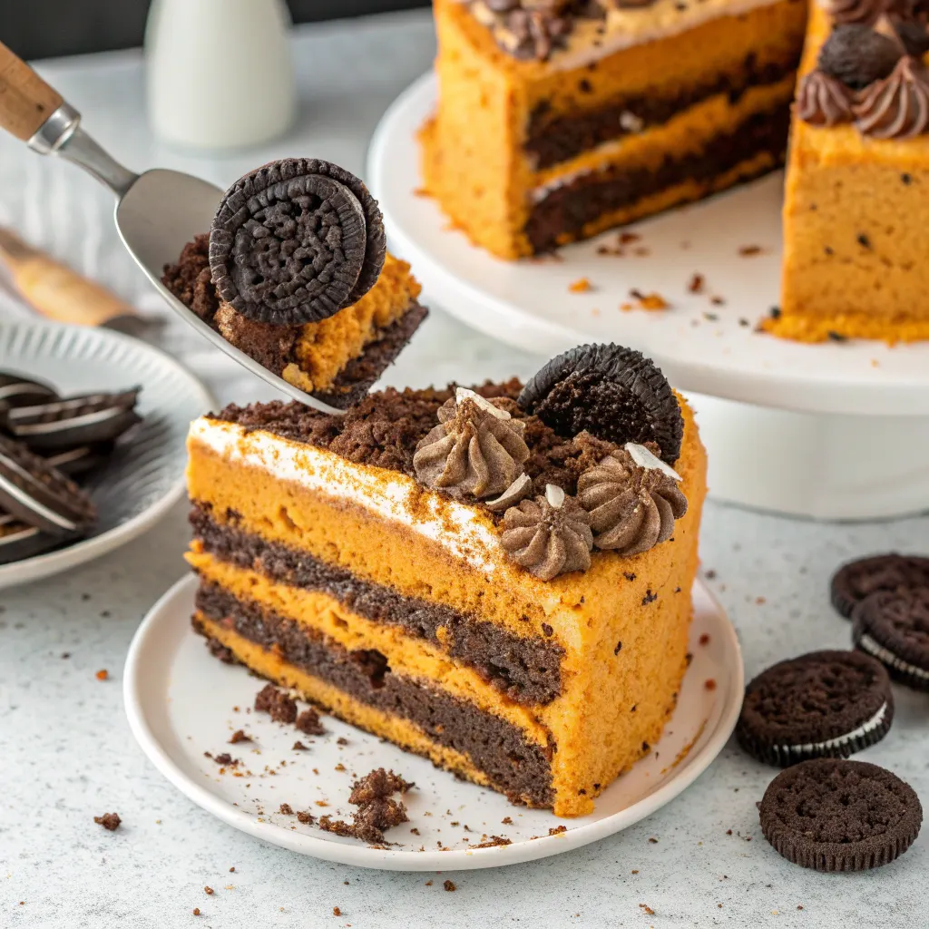 Assembling Oreo Tomb Pumpkin Cake layers