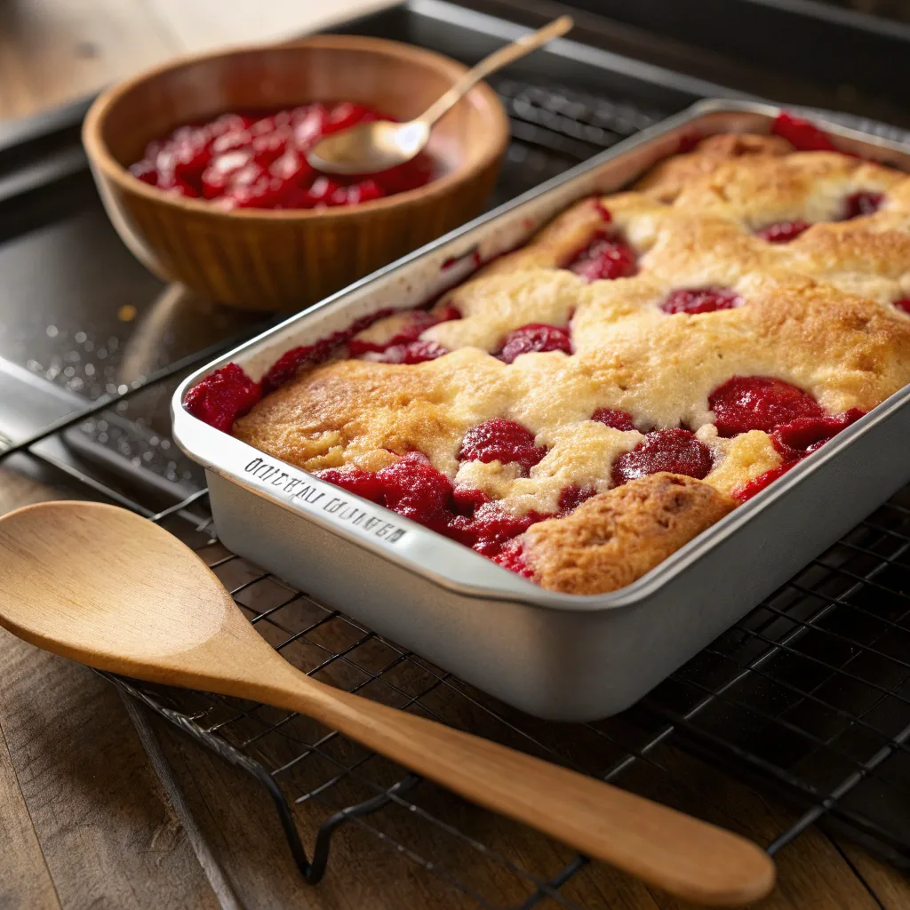 Cherry Yogurt Dump Cake baking in pan