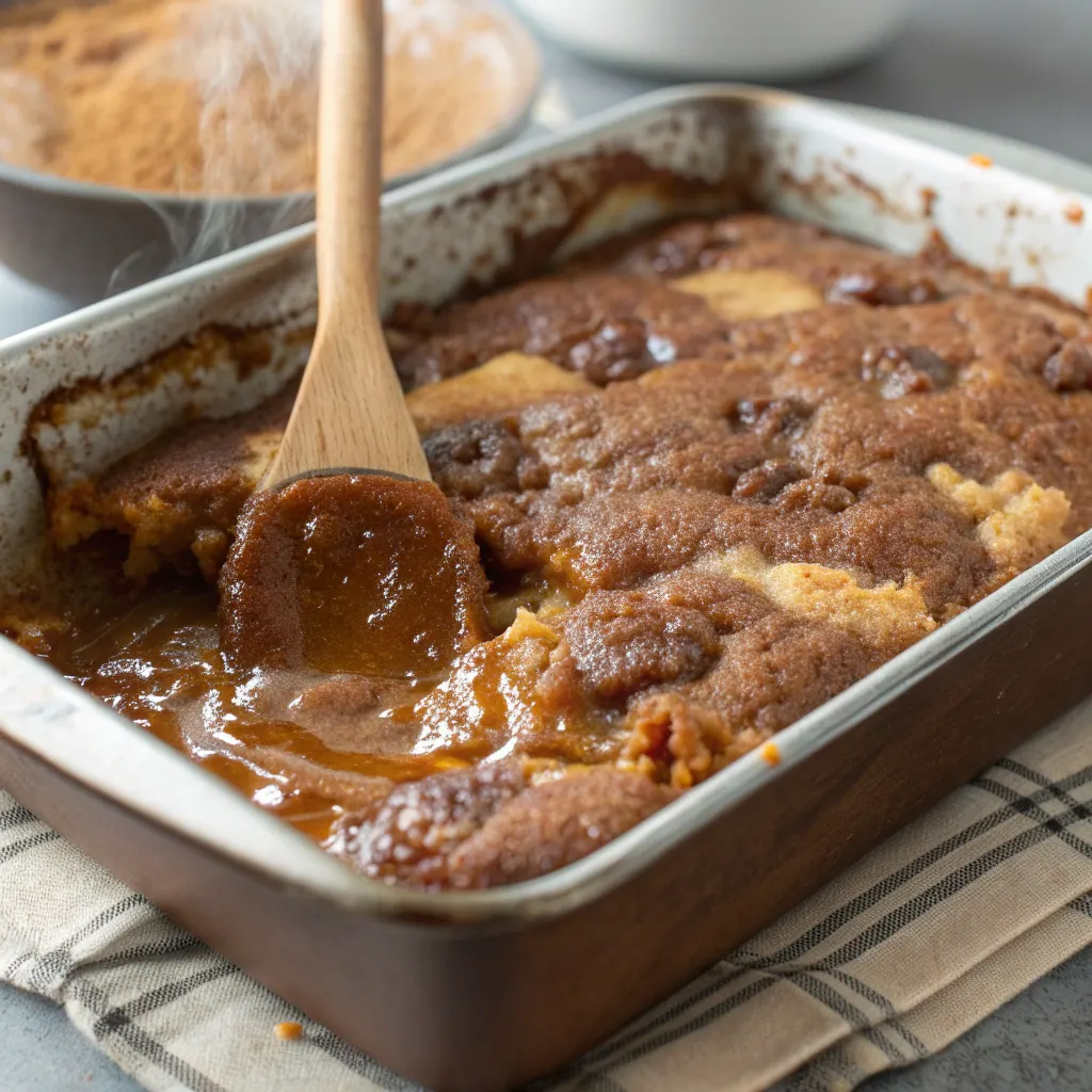 Cooking Salted Caramel Lava Dump Cake in oven