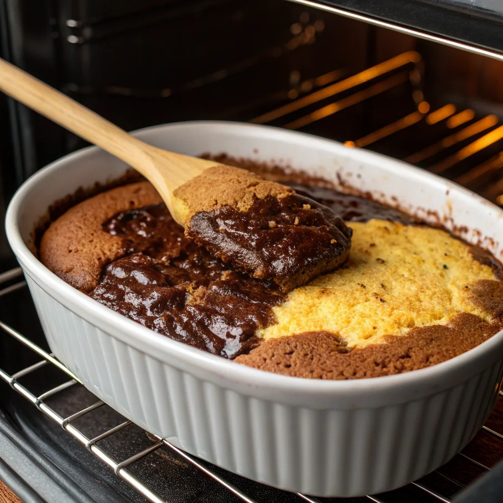 Gluten-Free Party Dump Cakes with Peach, Chocolate, and Tropical Flavors 3 Cooking gluten-free chocolate dump cake in oven