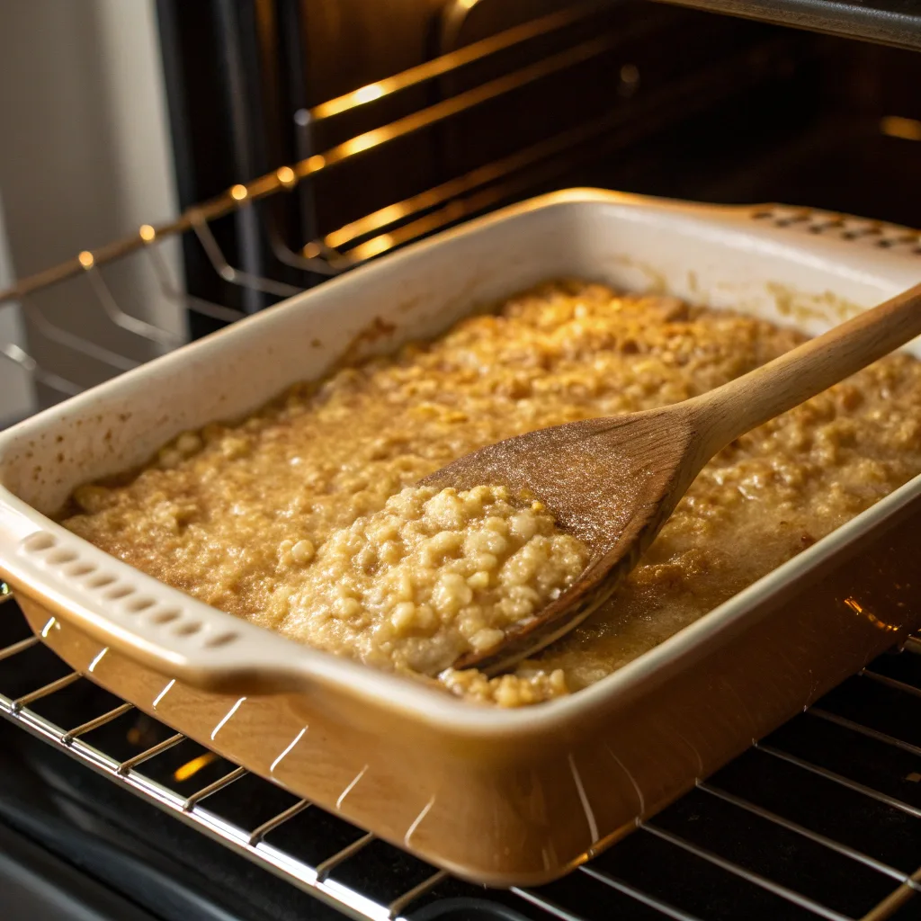 Cooking banana oatmeal dump cake in oven