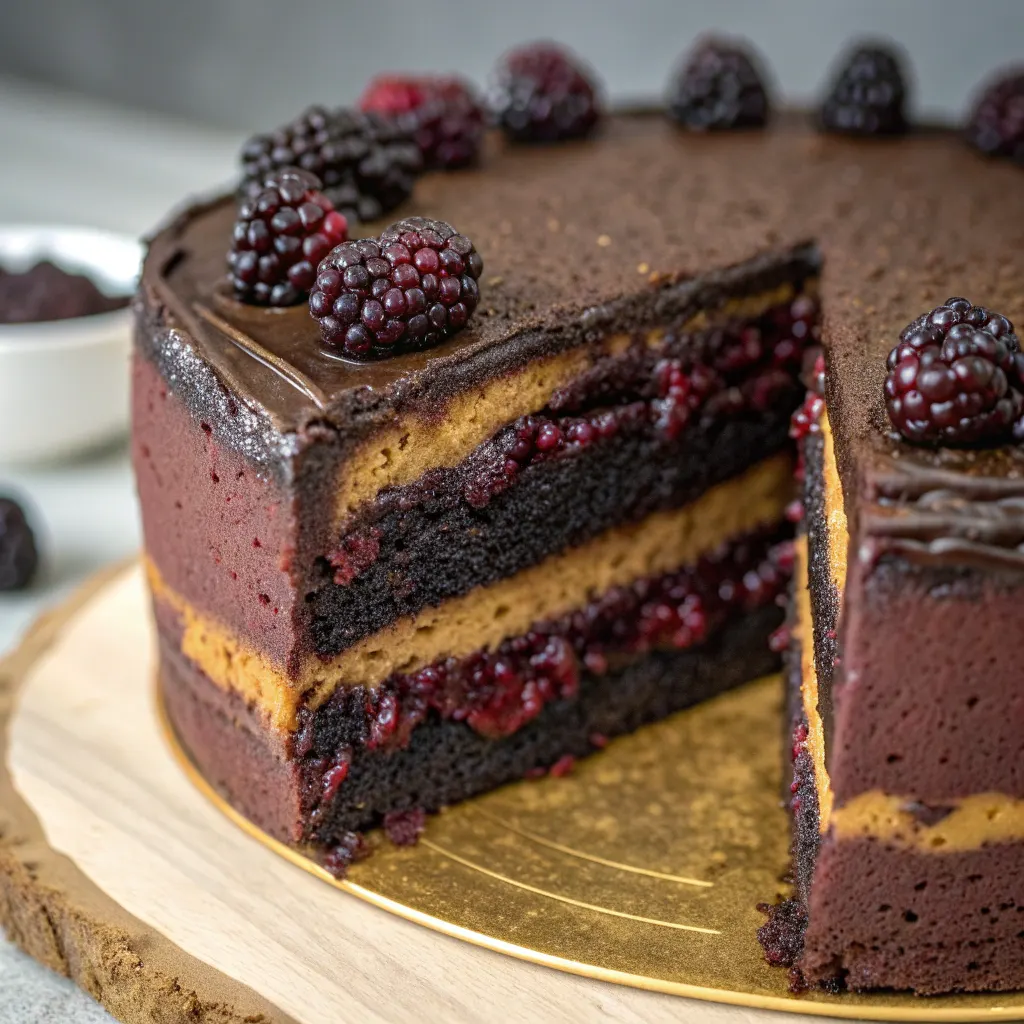 Baking blackberry velvet gothic cake in oven