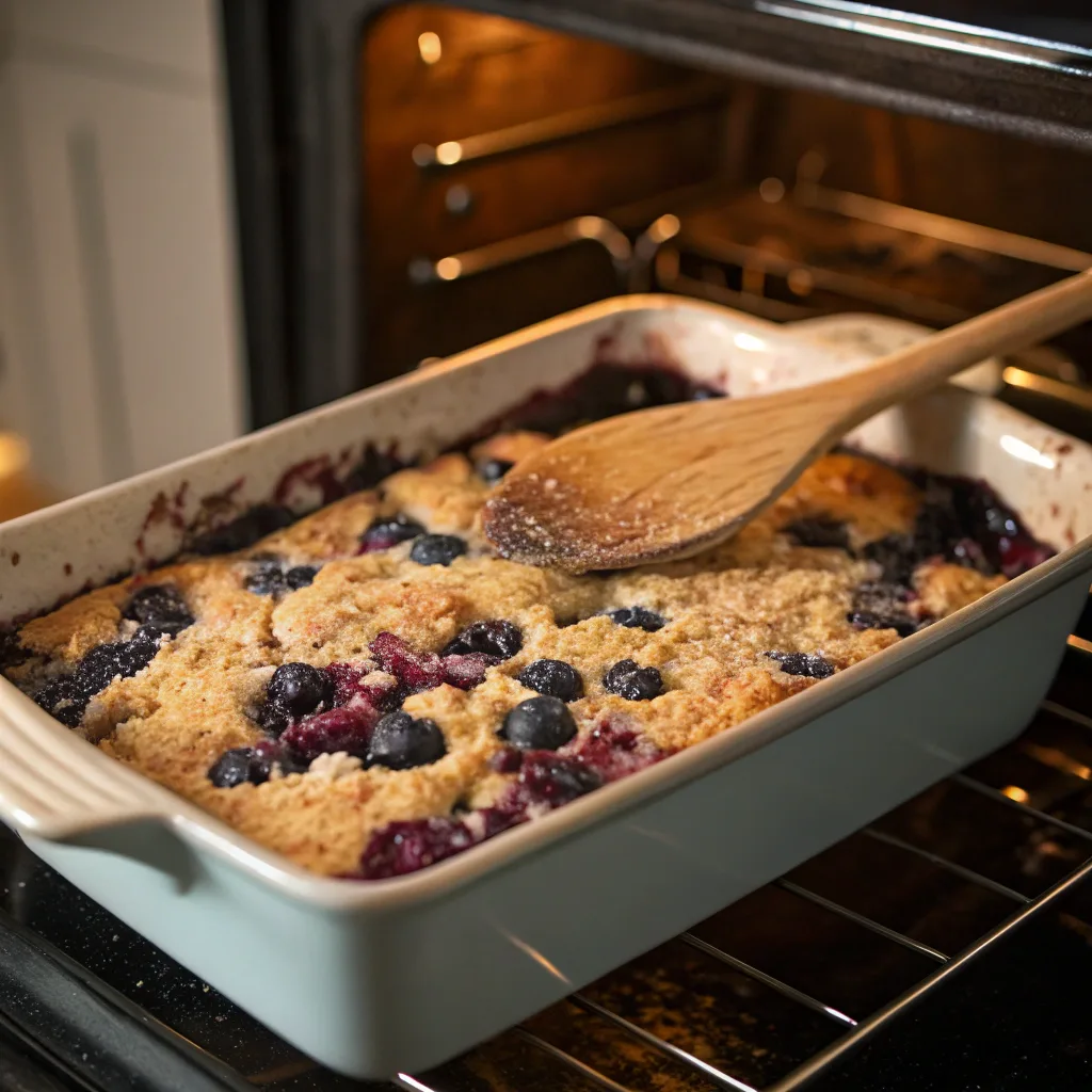 Cooking blueberry almond dump cake in oven
