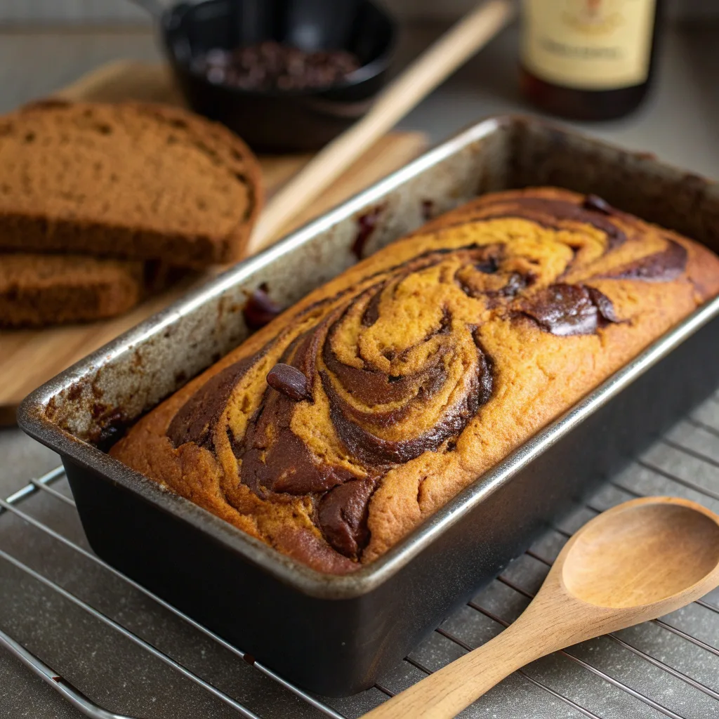 Chocolate Swirl Pumpkin Muffins Perfect for Family Breakfast 10 Chocolate Swirl Pumpkin bread baking in oven