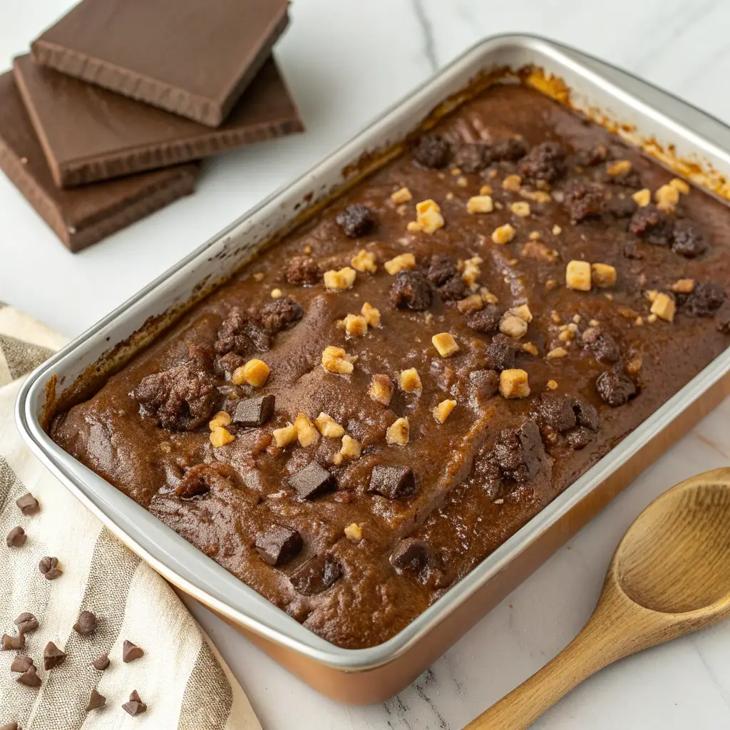 Haunted Chocolate Toffee Dump Cake – Creepy Caramel & Toffee Graveyard 10 Chocolate toffee dump cake baking in pan