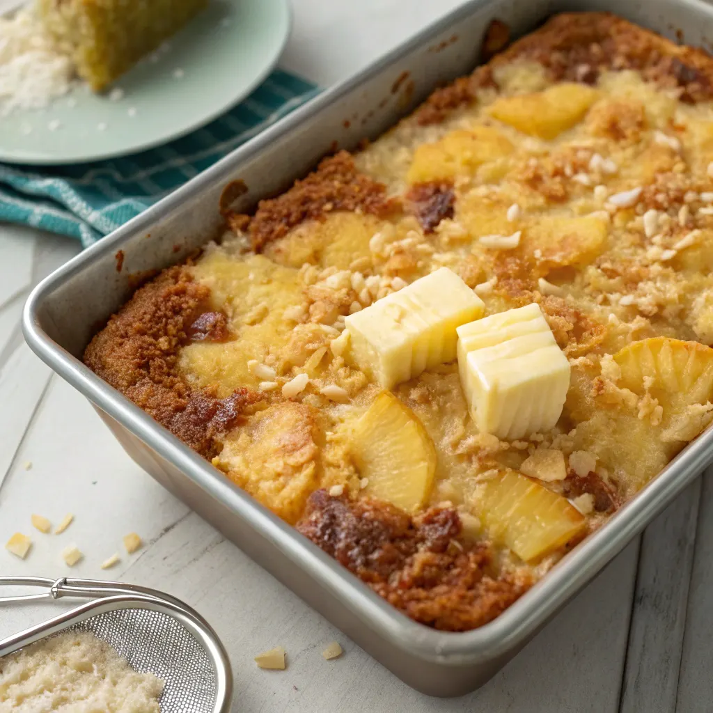 Baking coconut pineapple dump cake in a pan