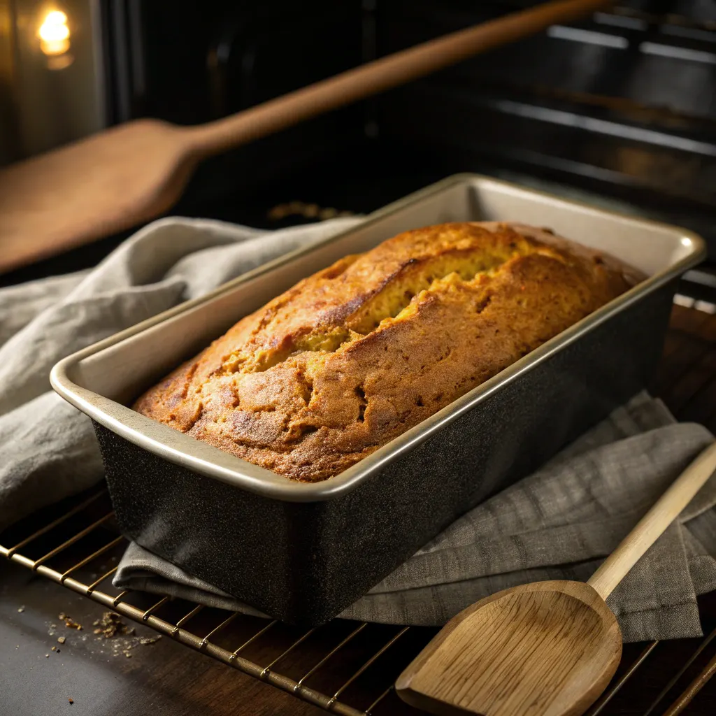 Coconut pumpkin bread baking in oven