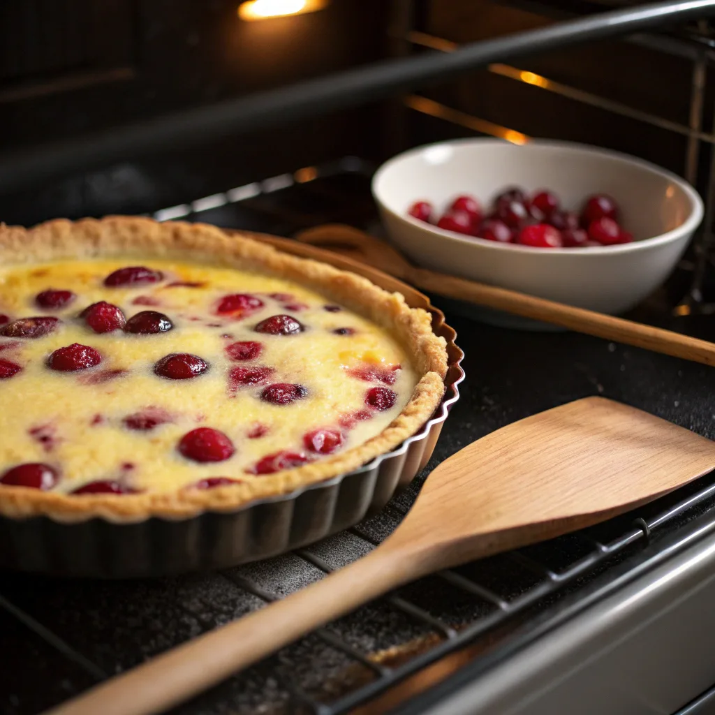 Cranberry custard pie baking in oven