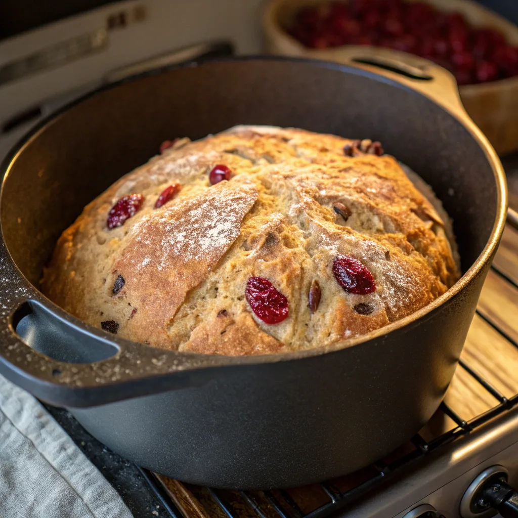 Crusty cranberry nut no-knead bread baking in Dutch oven