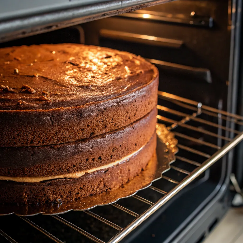 Decadent chocolate cake baking in the oven