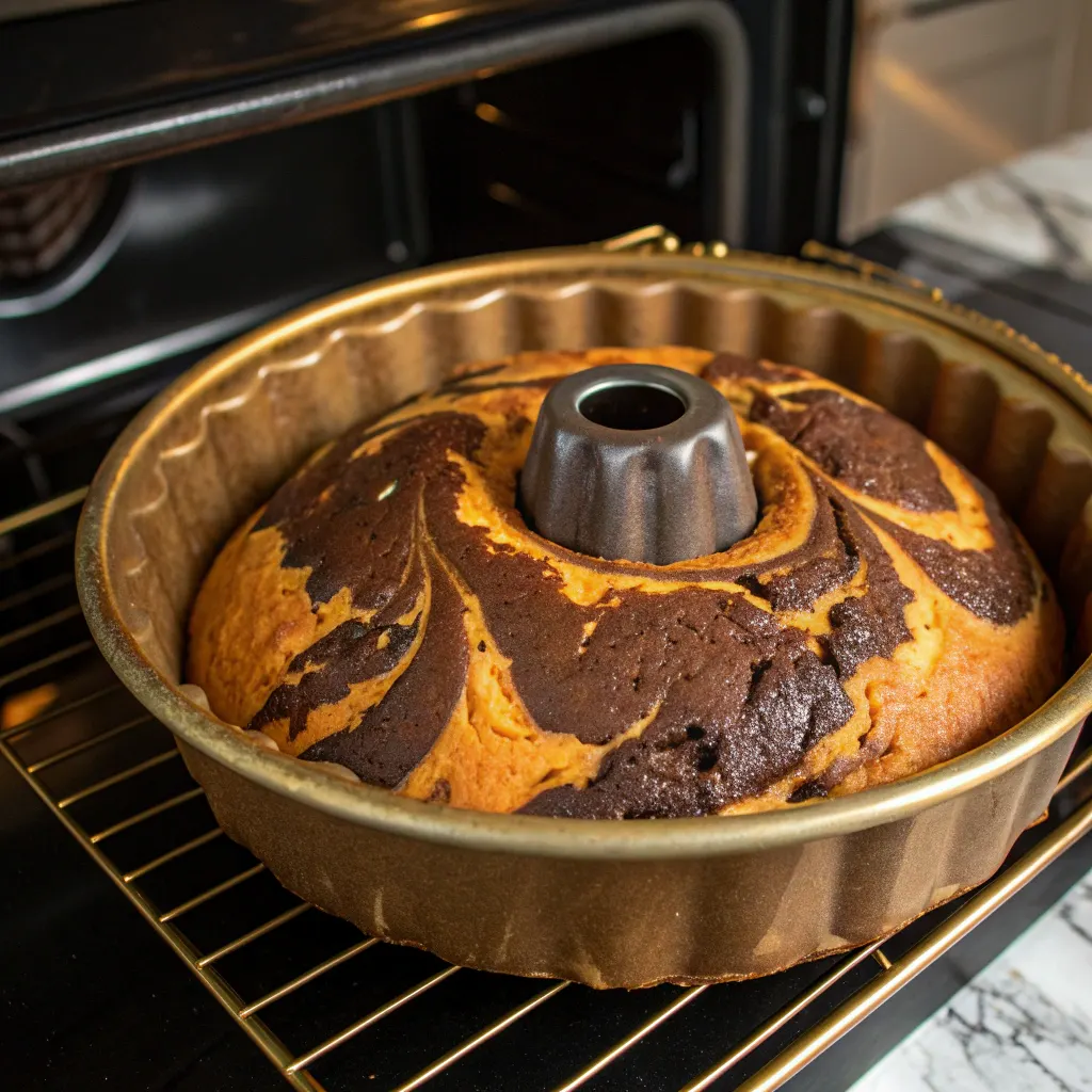 Baking Graveyard Marble Pumpkin Cake in the oven