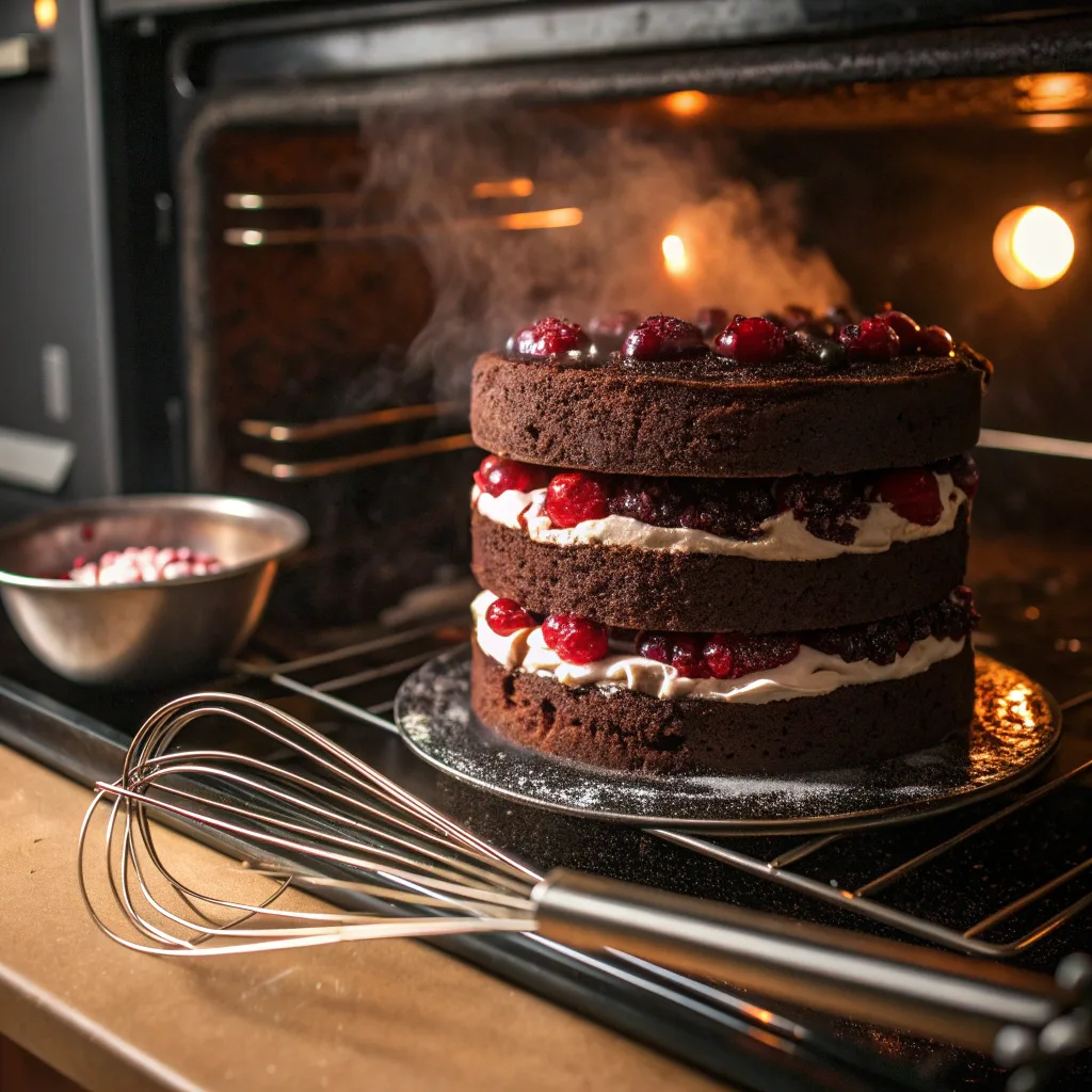 Baking Halloween Midnight Black Forest Cake in oven