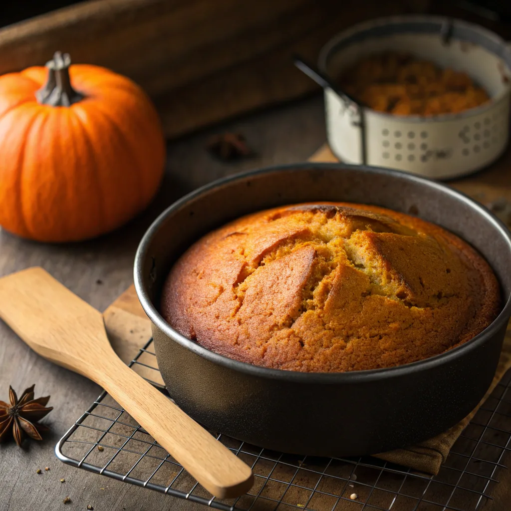 Halloween pumpkin cake baking in pan