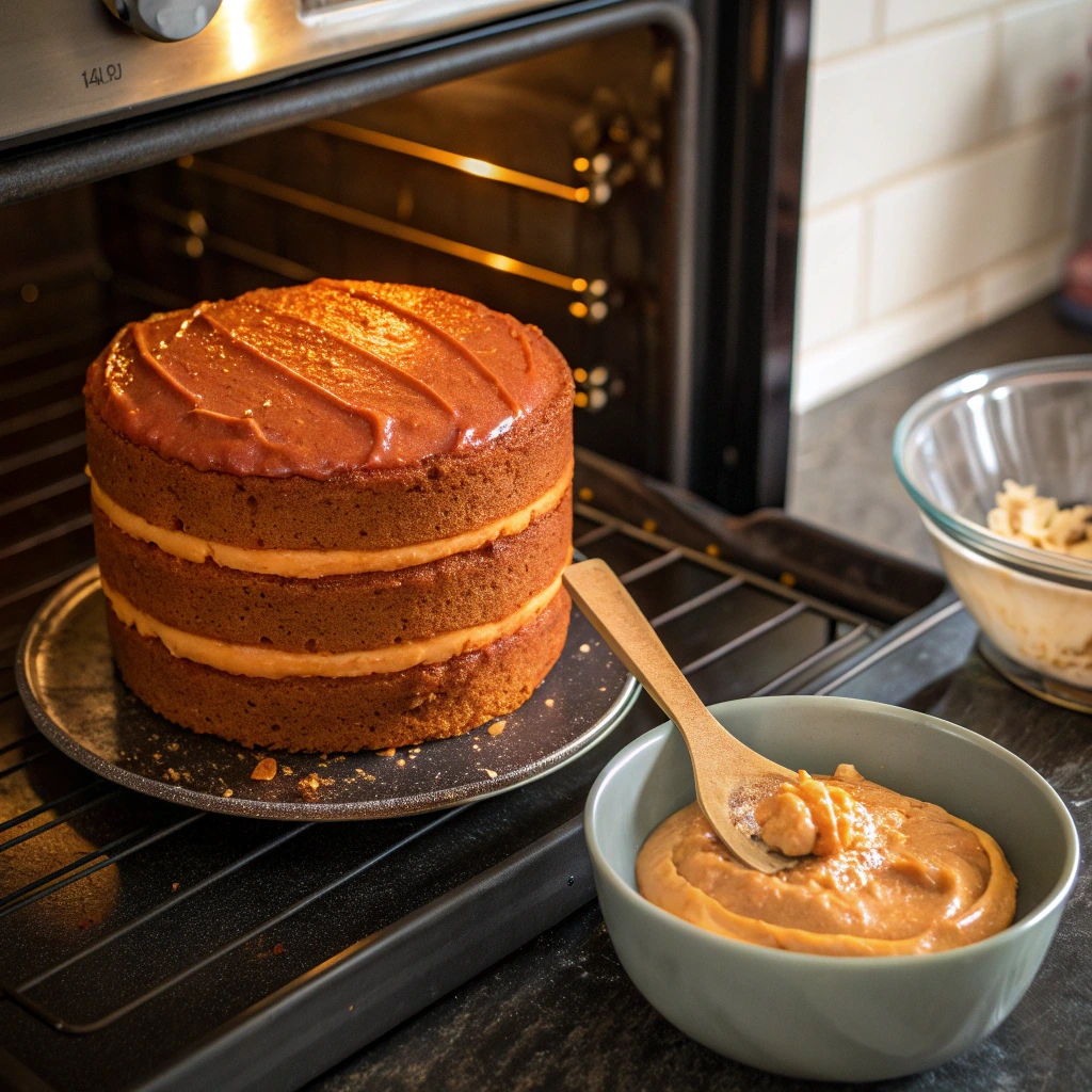Moist Halloween Pumpkin Caramel Cake from Scratch 10 Baking Halloween Pumpkin Caramel Cake in oven